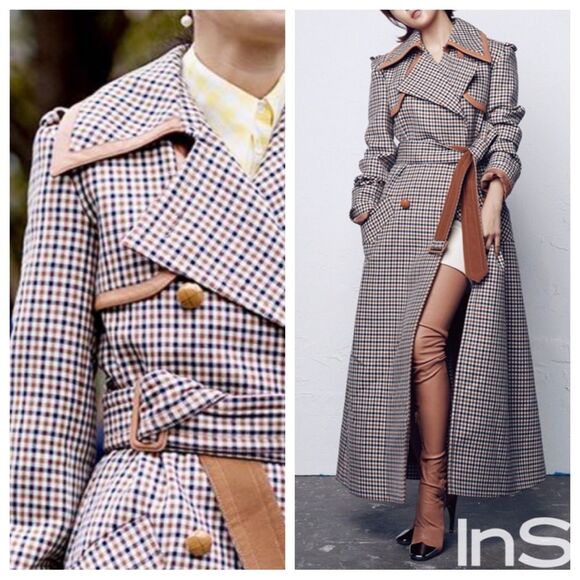 Nina Ricci Trench Coat Heritage Checkered Printed Wool Leather Trim Belted 42 - Picture 2 of 13